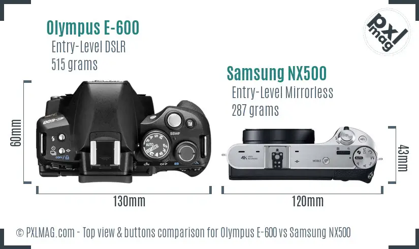 Olympus E-600 vs Samsung NX500 top view buttons comparison Olympus E-600 vs Samsung NX500 top view buttons comparison