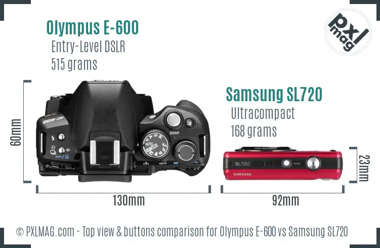 Olympus E-600 vs Samsung SL720 top view buttons comparison