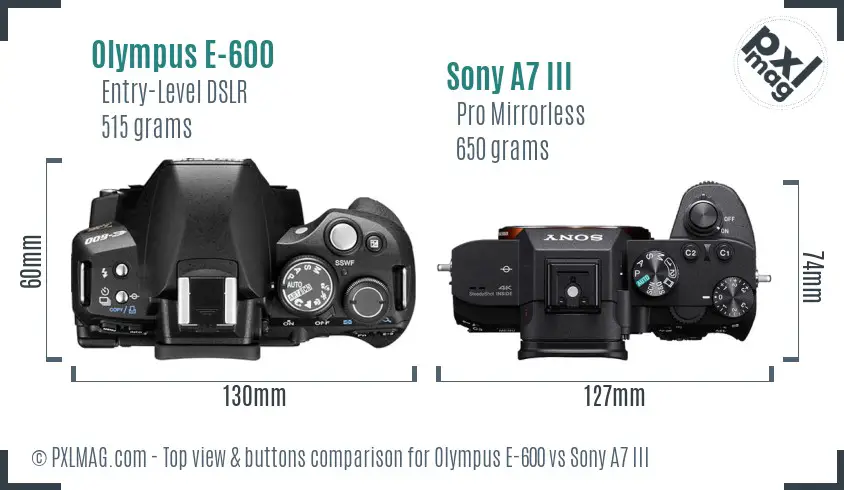 Olympus E-600 vs Sony A7 III top view buttons comparison