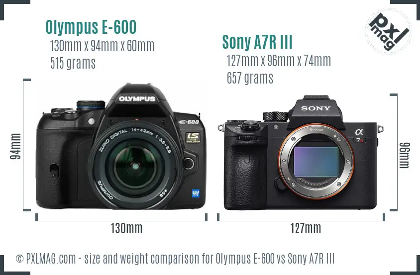 Olympus E-600 vs Sony A7R III size comparison