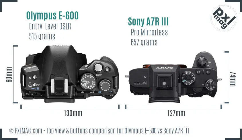 Olympus E-600 vs Sony A7R III top view buttons comparison