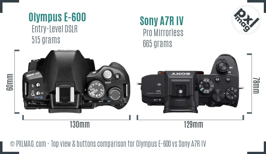 Olympus E-600 vs Sony A7R IV top view buttons comparison