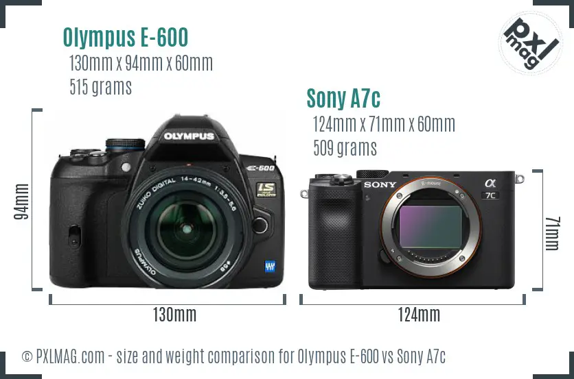 Olympus E-600 vs Sony A7c size comparison