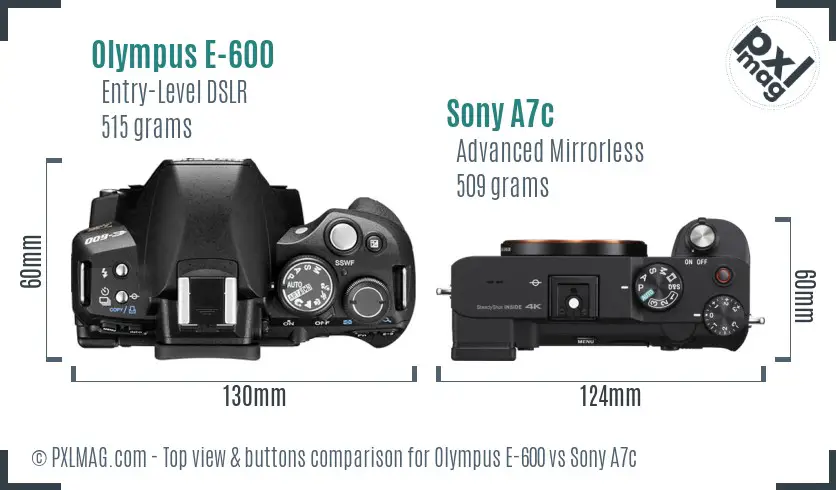 Olympus E-600 vs Sony A7c top view buttons comparison