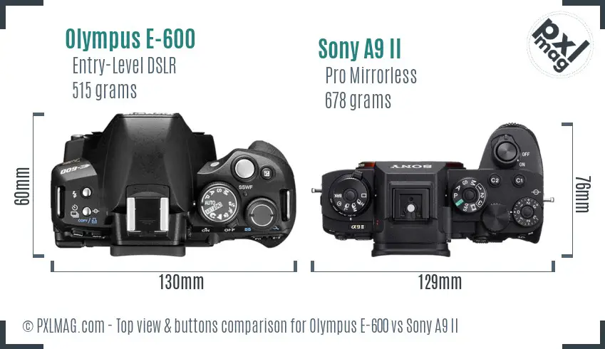 Olympus E-600 vs Sony A9 II top view buttons comparison Olympus E-600 vs Sony A9 II top view buttons comparison