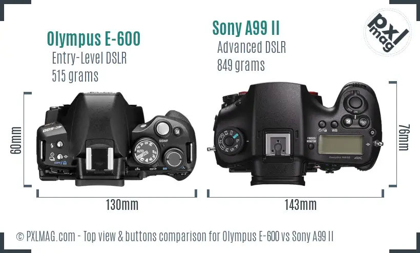 Olympus E-600 vs Sony A99 II top view buttons comparison