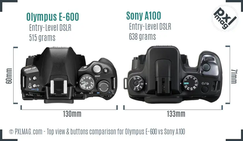 Olympus E-600 vs Sony A100 top view buttons comparison