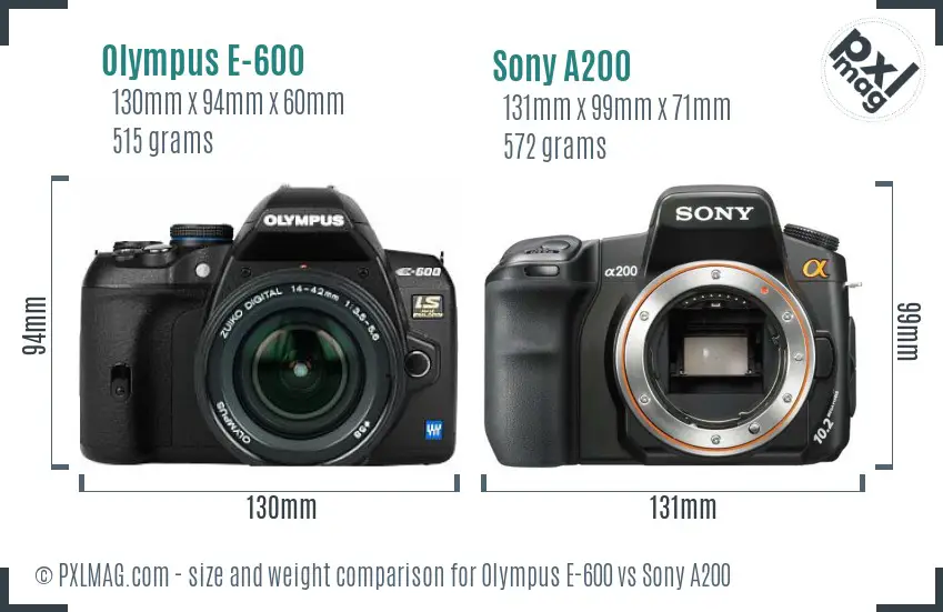 Olympus E-600 vs Sony A200 size comparison