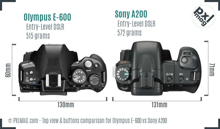 Olympus E-600 vs Sony A200 top view buttons comparison