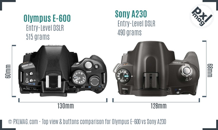 Olympus E-600 vs Sony A230 top view buttons comparison