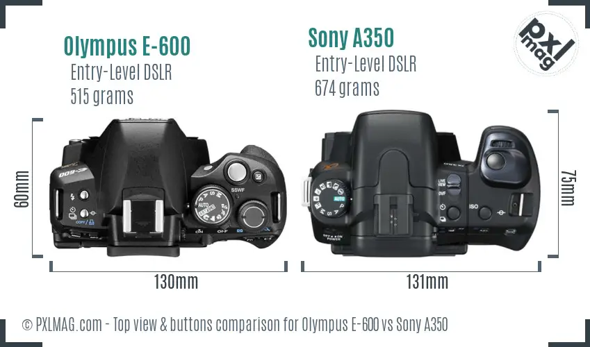 Olympus E-600 vs Sony A350 top view buttons comparison