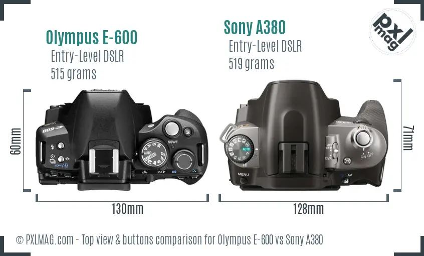 Olympus E-600 vs Sony A380 top view buttons comparison