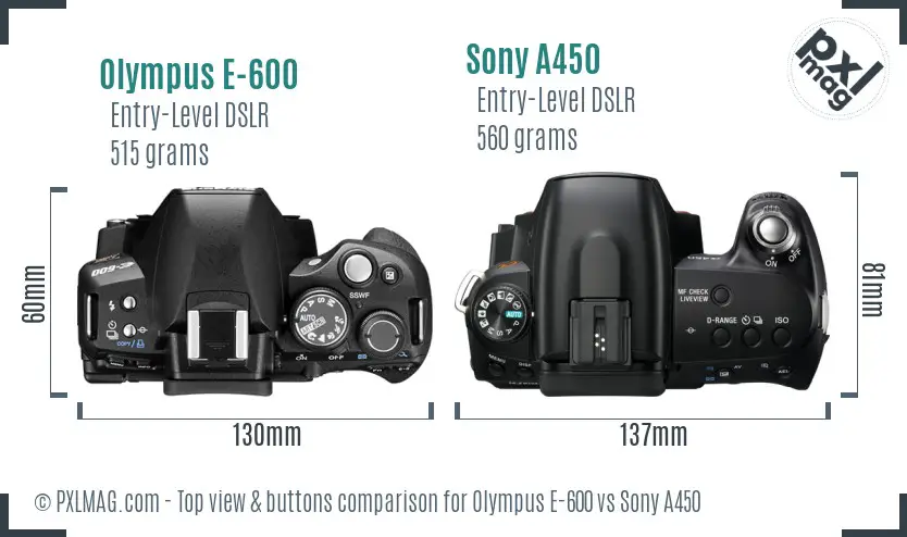 Olympus E-600 vs Sony A450 top view buttons comparison