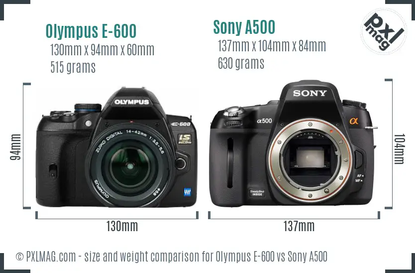 Olympus E-600 vs Sony A500 size comparison