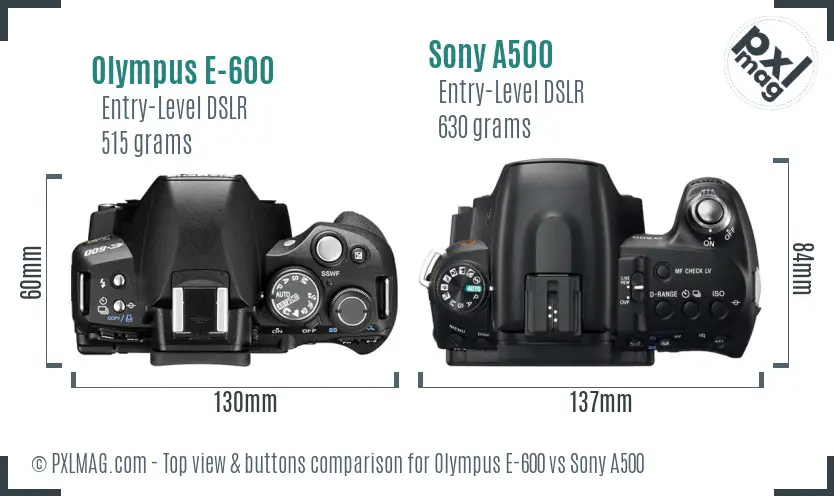 Olympus E-600 vs Sony A500 top view buttons comparison