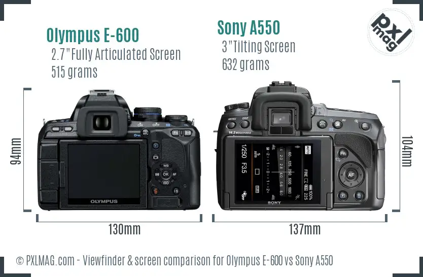 Olympus E-600 vs Sony A550 Screen and Viewfinder comparison