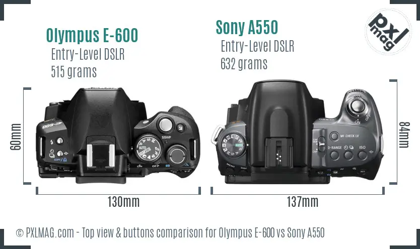 Olympus E-600 vs Sony A550 top view buttons comparison