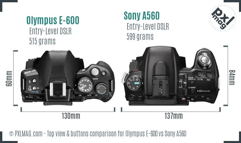 Olympus E-600 vs Sony A560 top view buttons comparison