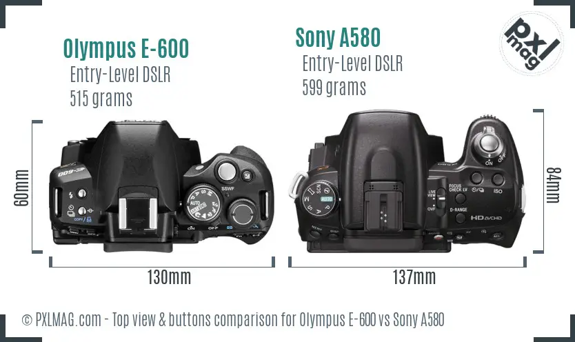 Olympus E-600 vs Sony A580 top view buttons comparison