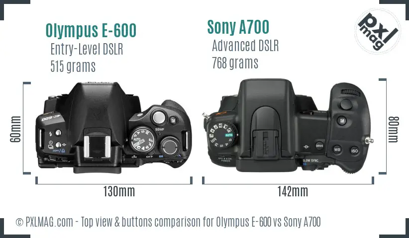 Olympus E-600 vs Sony A700 top view buttons comparison