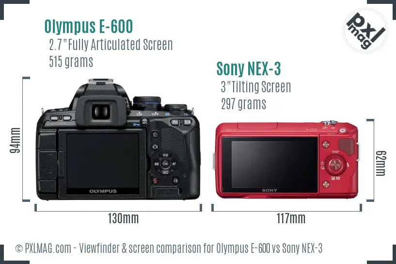 Olympus E-600 vs Sony NEX-3 Screen and Viewfinder comparison