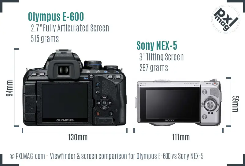 Olympus E-600 vs Sony NEX-5 Screen and Viewfinder comparison