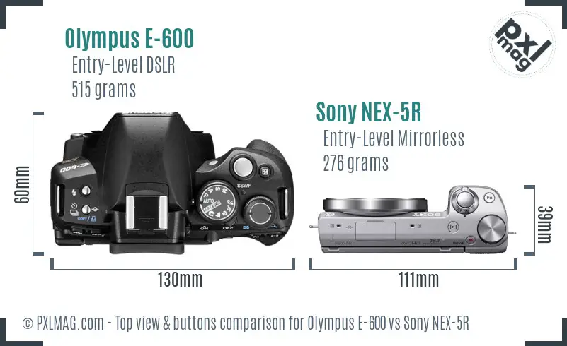 Olympus E-600 vs Sony NEX-5R top view buttons comparison