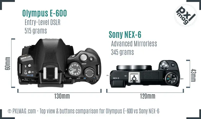 Olympus E-600 vs Sony NEX-6 top view buttons comparison