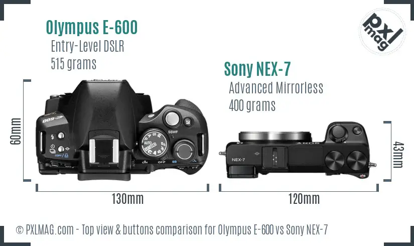 Olympus E-600 vs Sony NEX-7 top view buttons comparison
