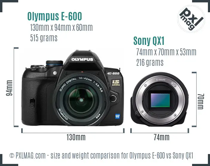 Olympus E-600 vs Sony QX1 size comparison