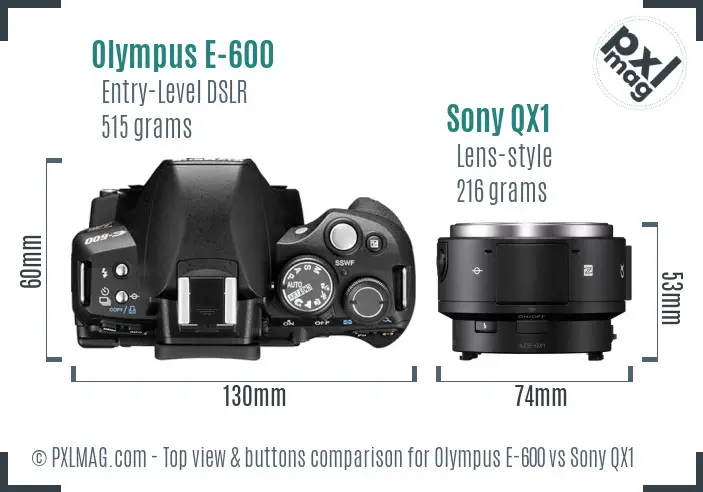 Olympus E-600 vs Sony QX1 top view buttons comparison
