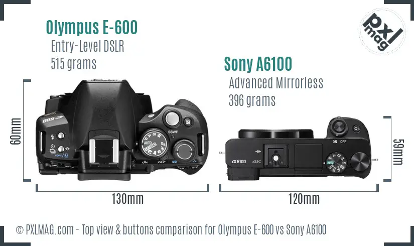 Olympus E-600 vs Sony A6100 top view buttons comparison