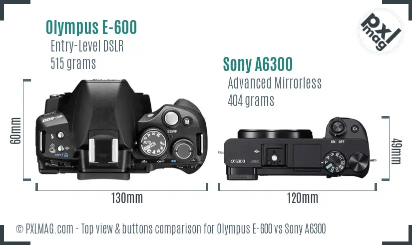 Olympus E-600 vs Sony A6300 top view buttons comparison