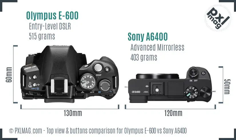 Olympus E-600 vs Sony A6400 top view buttons comparison