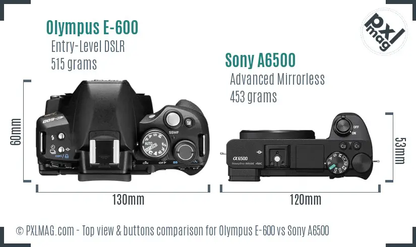 Olympus E-600 vs Sony A6500 top view buttons comparison