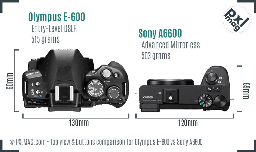 Olympus E-600 vs Sony A6600 top view buttons comparison