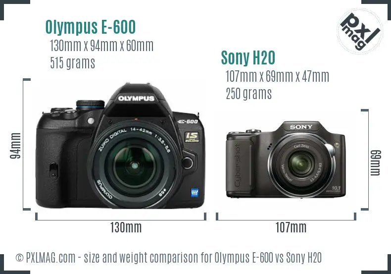 Olympus E-600 vs Sony H20 size comparison