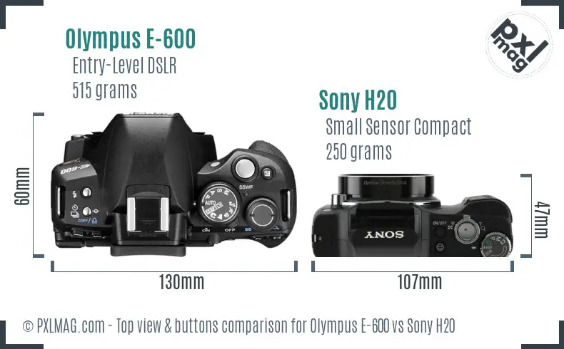Olympus E-600 vs Sony H20 top view buttons comparison