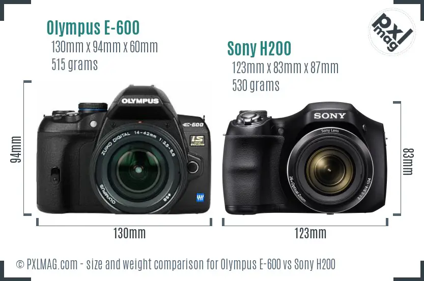 Olympus E-600 vs Sony H200 size comparison