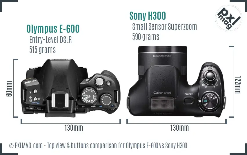Olympus E-600 vs Sony H300 top view buttons comparison