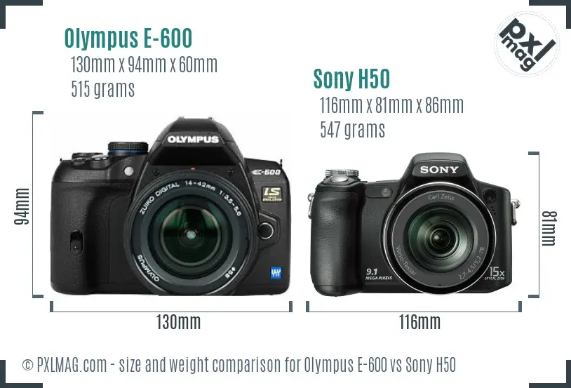 Olympus E-600 vs Sony H50 size comparison