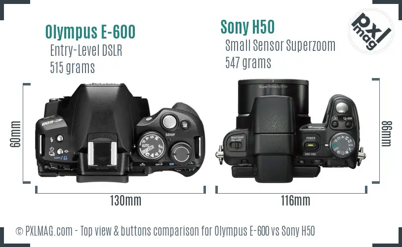 Olympus E-600 vs Sony H50 top view buttons comparison