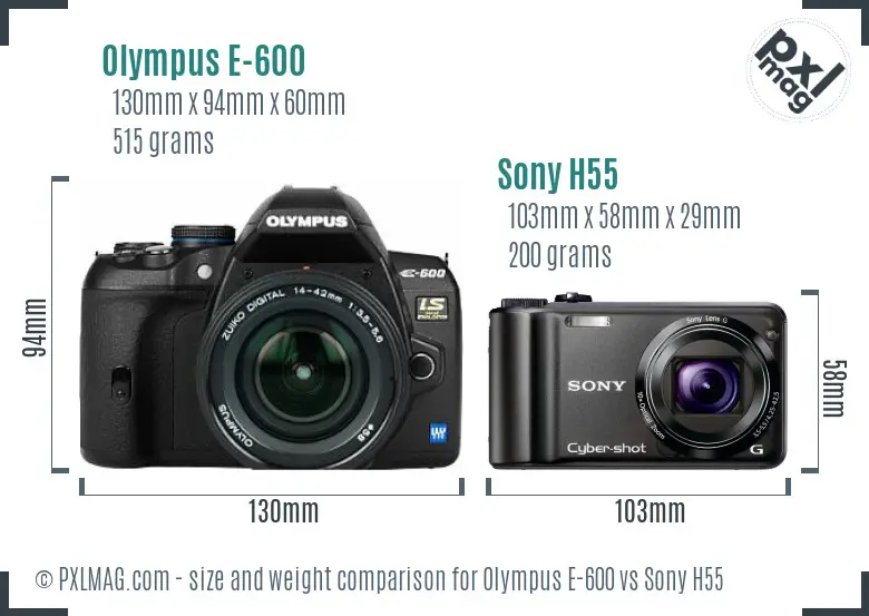 Olympus E-600 vs Sony H55 size comparison