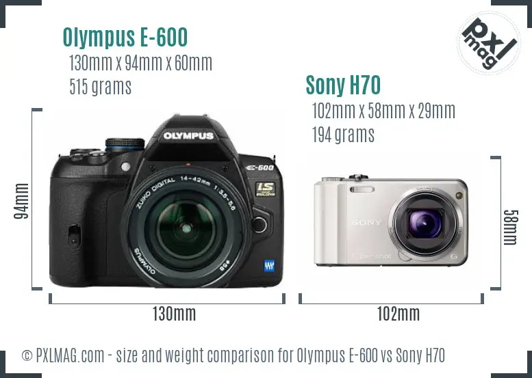 Olympus E-600 vs Sony H70 size comparison