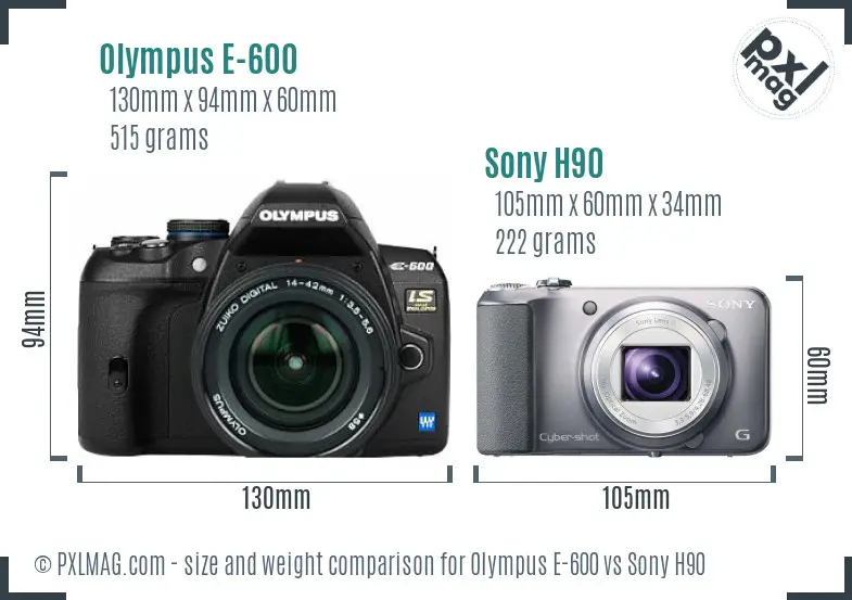 Olympus E-600 vs Sony H90 size comparison