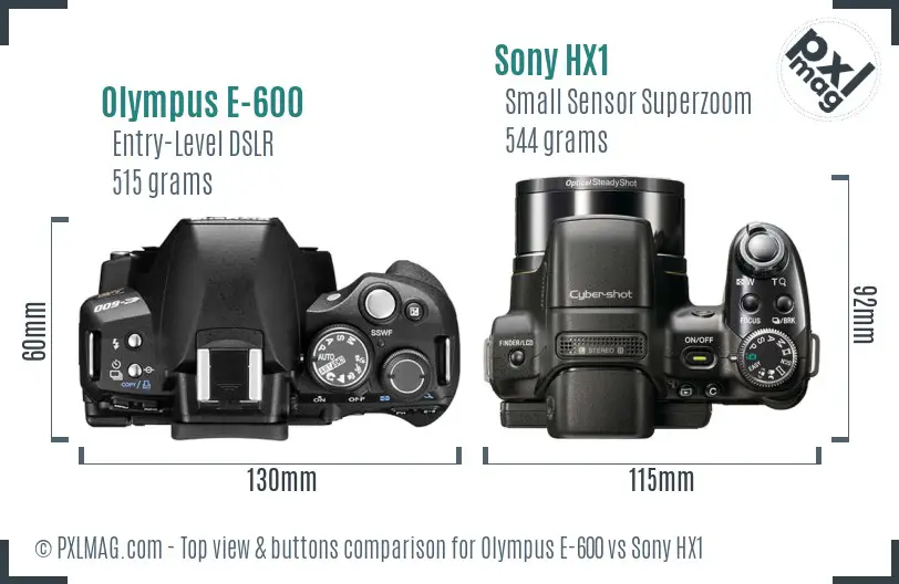 Olympus E-600 vs Sony HX1 top view buttons comparison