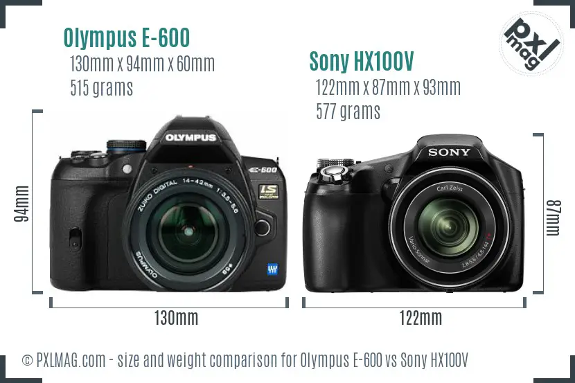 Olympus E-600 vs Sony HX100V size comparison