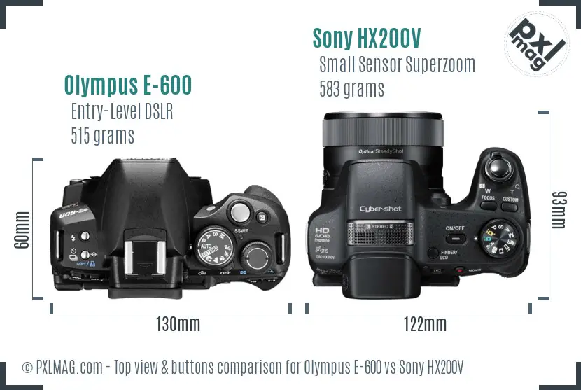 Olympus E-600 vs Sony HX200V top view buttons comparison