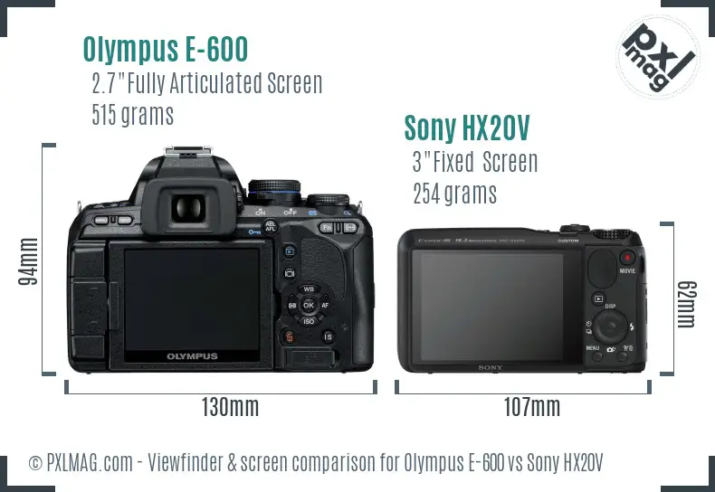 Olympus E-600 vs Sony HX20V Screen and Viewfinder comparison