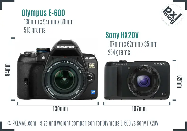 Olympus E-600 vs Sony HX20V size comparison